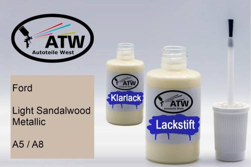 Ford, Light Sandalwood Metallic, A5 / A8: 20ml Lackstift + 20ml Klarlack - Set, von ATW Autoteile West.